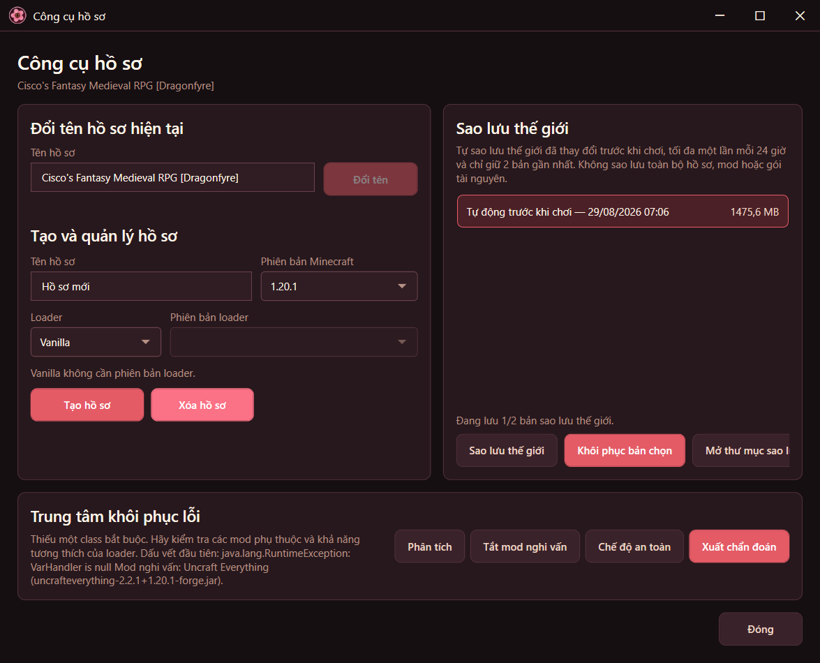 Công cụ hồ sơ và sao lưu thế giới HaoTuLauncher 0.3.4